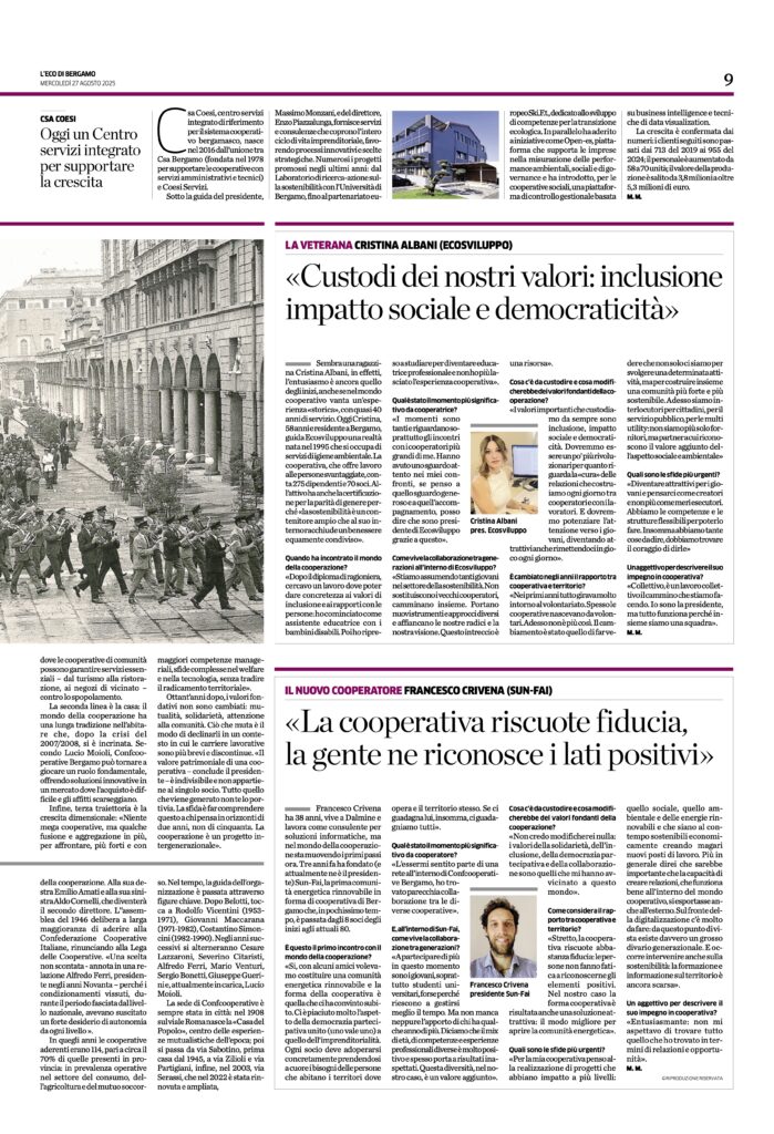 L'Eco di Bergamo approfondimento per gli 80 anni di Confcooperative Bergamo: seconda pagina